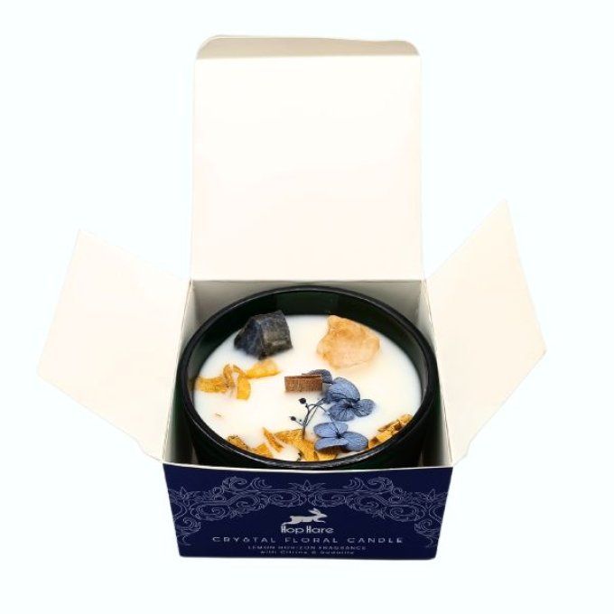 Bougie le soleil agrumes, gemme citrine et soladite