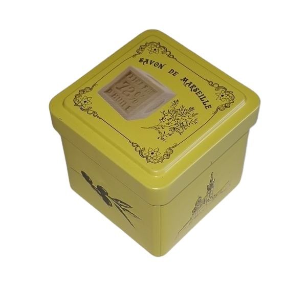 Mini boite cube savon de Marseille métal jaune