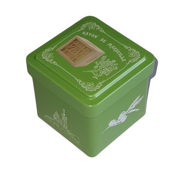 Mini boite cube savon de Marseille métal vert