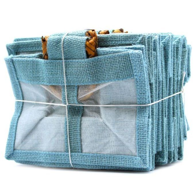 Panière cadeau en jute bleu et coton 2 fenêtres